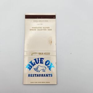 Vintage Matchbook Blue Ox Restaurants Goleta California 60s 70s Ephemera